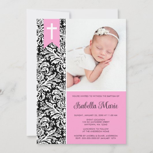 Pink Black Damask Banner Cross Foto Taufe Einladung (Vorderseite)