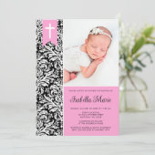 Pink Black Damask Banner Cross Foto Taufe Einladung (Stehend Vorderseite)