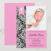 Pink Black Damask Banner Cross Foto Taufe Einladung (Vorne/Hinten)