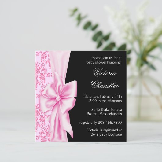 Pink Black Damask Bow Elegant Baby Girl Dusche Einladung (Stehend Vorderseite)