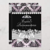 Pink Black Damask Bow Quinceanera Einladung (Vorne/Hinten)