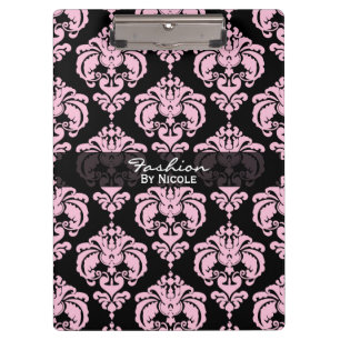 Pink & Black Damask Chic Elegantes Glam Personalis Klemmbrett