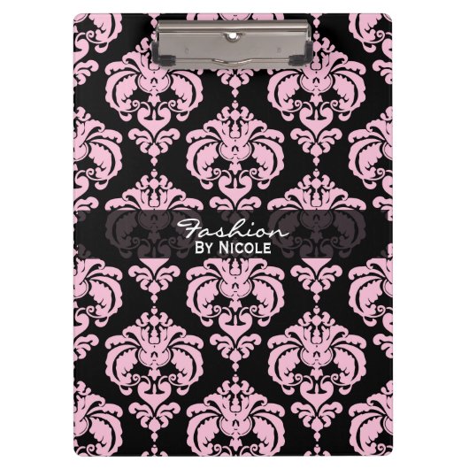 Pink & Black Damask Chic Elegantes Glam Personalis Klemmbrett (Vorderseite)