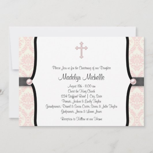 Pink Black Damask Christening Einladung (Vorderseite)