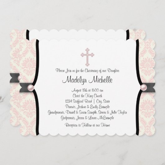 Pink Black Damask Christening Einladung (Vorne/Hinten)