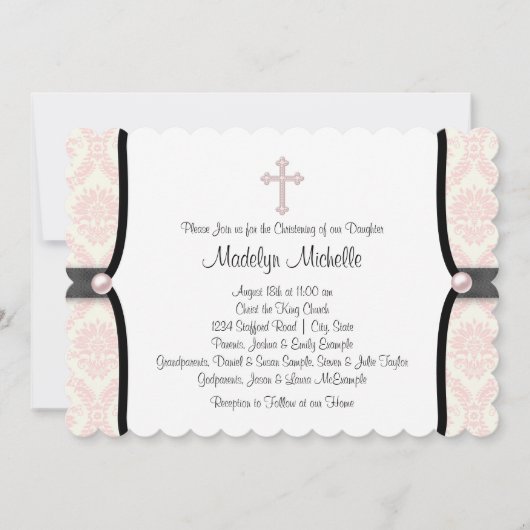 Pink Black Damask Christening Einladung (Vorderseite)