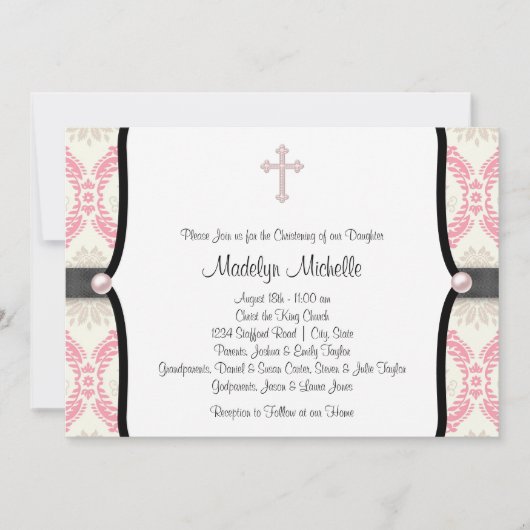 Pink Black Damask Christening Einladung (Vorderseite)