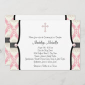 Pink Black Damask Christening Einladung (Vorne/Hinten)