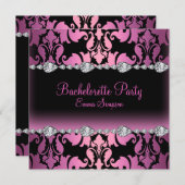 Pink & Black Damask & Diamond Bachelorette Einladu Einladung (Vorne/Hinten)