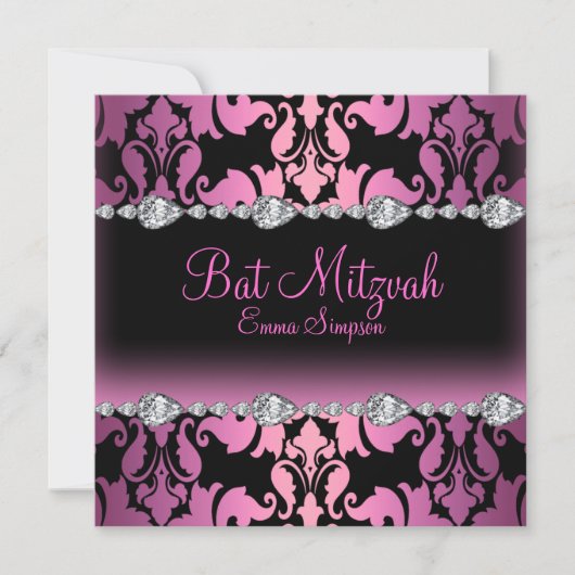 Pink & Black Damask & Diamond Bat Mitzvah Einladun Einladung (Vorderseite)