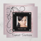 Pink Black Damask Foto Sweet 16 Party Einladung (Vorne/Hinten)