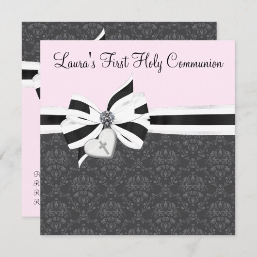 Pink Black Damask Herzkreuz Erste Kommune Einladung (Vorne/Hinten)