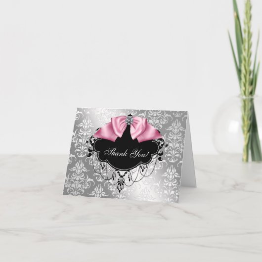 Pink Black Damask Kinderdusche Danke Karte (Vorderseite)
