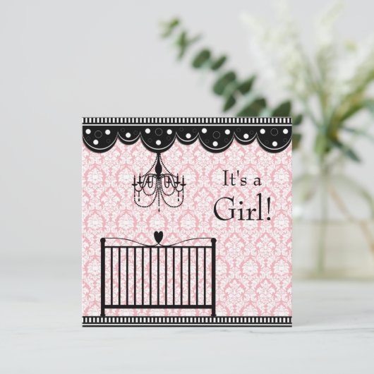 Pink Black Damask Krippe Kronleuchter Baby Dusche Einladung (Stehend Vorderseite)