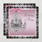 Pink Black Damask Kronleuchter Geburtstagsparty Einladung (Vorne/Hinten)