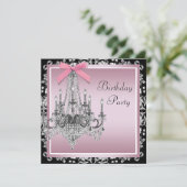 Pink Black Damask Kronleuchter Geburtstagsparty Einladung (Stehend Vorderseite)
