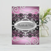 Pink Black Damask Lace & Jewels Junggeselinnen-Abs Einladung (Stehend Vorderseite)