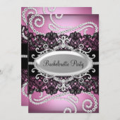 Pink Black Damask Lace & Jewels Junggeselinnen-Abs Einladung (Vorne/Hinten)
