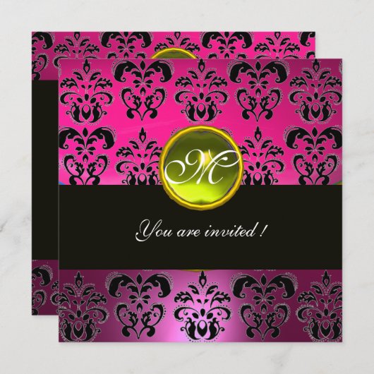 PINK BLACK DAMASK MONOGRAM, gelber Topaz Einladung (Vorne/Hinten)