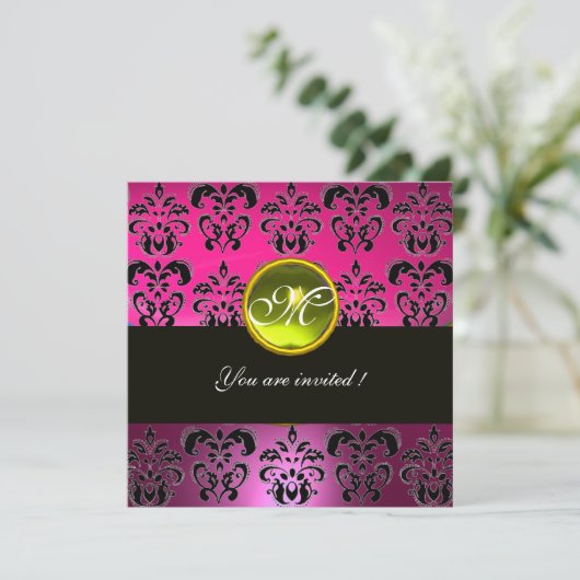 PINK BLACK DAMASK MONOGRAM, gelber Topaz Einladung (Stehend Vorderseite)