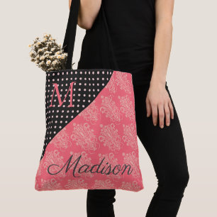Pink Black Damask Monogram Trendy Dots Girlaname Tasche