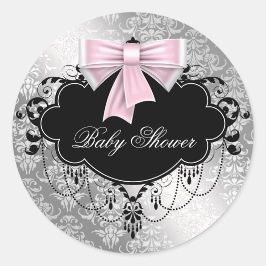 Pink Black Damask Pink Black Baby Shockaufkleber Runder Aufkleber (Vorderseite)