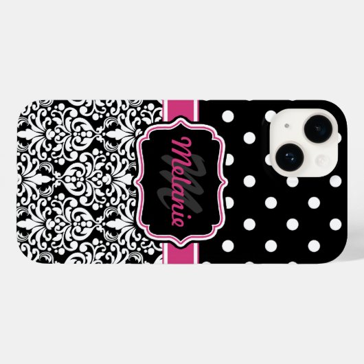 Pink Black Damask Polka Dots Muster Monogramm Case-Mate iPhone Hülle (Rückseite (Horizontal))