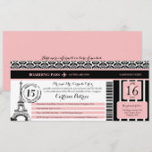 Pink Black Damask Quinceanera Paris Boarding Pass Einladung (Vorne/Hinten)