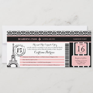 Pink Black Damask Quinceanera Paris Boarding Pass Einladung