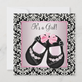 Pink Black Damask Shoes Baby Girl Dusche Einladung
