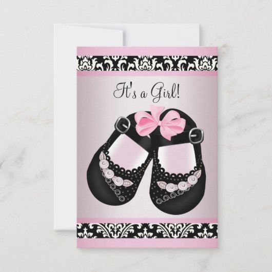 Pink Black Damask Shoes Baby Girl Dusche UAWG Einladung (Vorderseite)