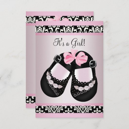 Pink Black Damask Shoes Baby Girl Dusche UAWG Einladung (Vorne/Hinten)