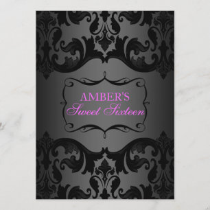 Pink & Black Damask Sweet 16 Birthday Einladung