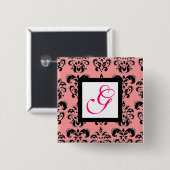 PINK BLACK DAMASK WHITE SQUARE MONOGRAM Fuchsia Button (Vorne & Hinten)