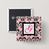 PINK BLACK DAMASK WHITE SQUARE MONOGRAM Fuchsia Button (Vorne & Hinten)