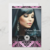 Pink Black Diamond Bow & Damask Quinceanera Einladung (Vorderseite)