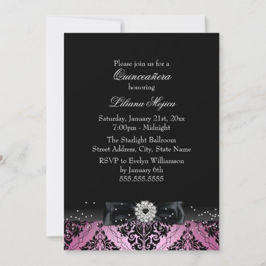 Pink Black Diamond Bow & Damask Quinceanera Einladung (Rückseite)
