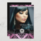 Pink Black Diamond Bow & Damask Quinceanera Einladung (Vorne/Hinten)