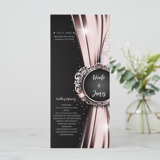 Pink & Black Elegant Hochzeitsprogramm Programm (Stehend Vorderseite)
