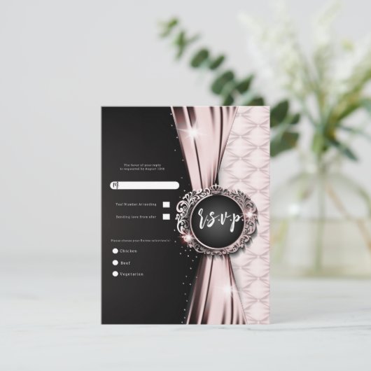 Pink & Black Elegant Luxury Wedding RSVP Einladung (Stehend Vorderseite)