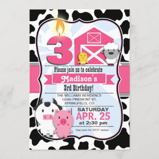 Pink & Black Farm Animal, Girl Birthday Party Einladung