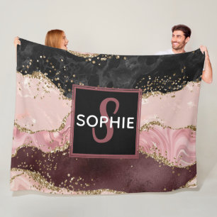 Pink & Black & Faux-Gold-Glitter-Achat-Monogramm Fleecedecke
