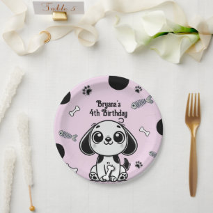 Pink & Black Fish Knochen Welpe Hund Geburtstagspa Pappteller