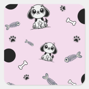 Pink & Black Fish Knochen Welpe Hund Geburtstagspa Quadratischer Aufkleber