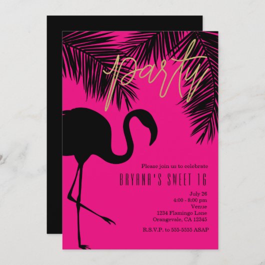 Pink & Black Flamingo & Palm Party Einladungen (Vorne/Hinten)