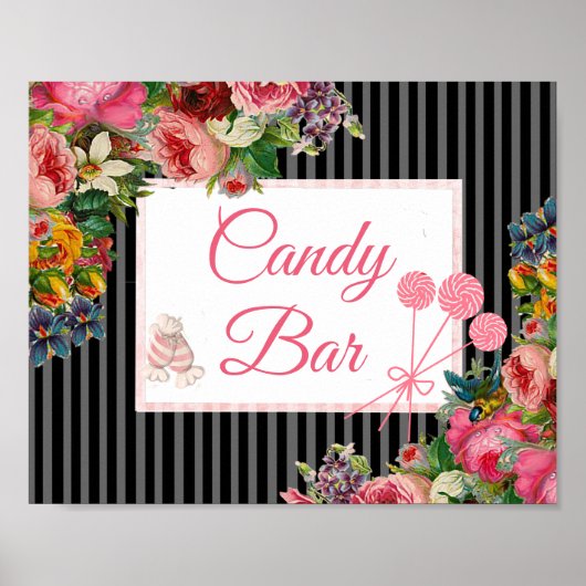 Pink & Black Floral Candy Bar Wedding Sign Poster (Vorne)