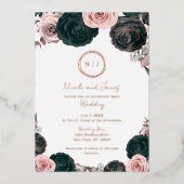 Pink & Black Floral Glam Modernes Hochzeitssemble Folieneinladung (Vorderseite)