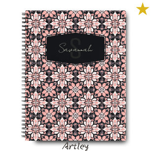 Pink Black Floral Spanish Tile Name Monogram Notizblock