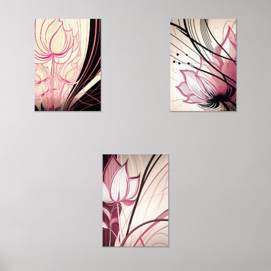 Pink & Black Floral Wall Art – Set of 3 Prints (Vorderseite)
