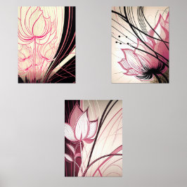 Pink & Black Floral Wall Art - Set von 3 Prinzen